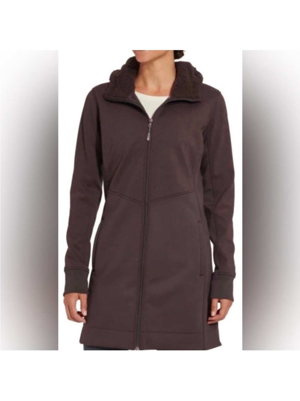 CALIA Embossed Softshell Sherpa Hooded Jacket in Smoky Plum Size Medium